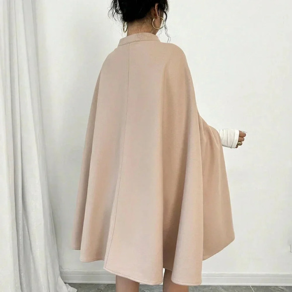 Khaki Elegant Women's Casual Cape Sleeve Button Decor Wool Blend Jacket - Picture 2 of 6